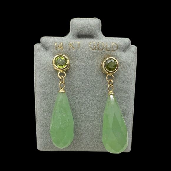 Natural Green Jade and Peridot Dangle Earrings Solid 14k Yellow Gold - NEW - Picture 6 of 6